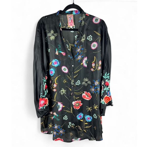 Johnny Was Lentino Floral Embroidered Bell Sleeve Silk Dress Fairy Large